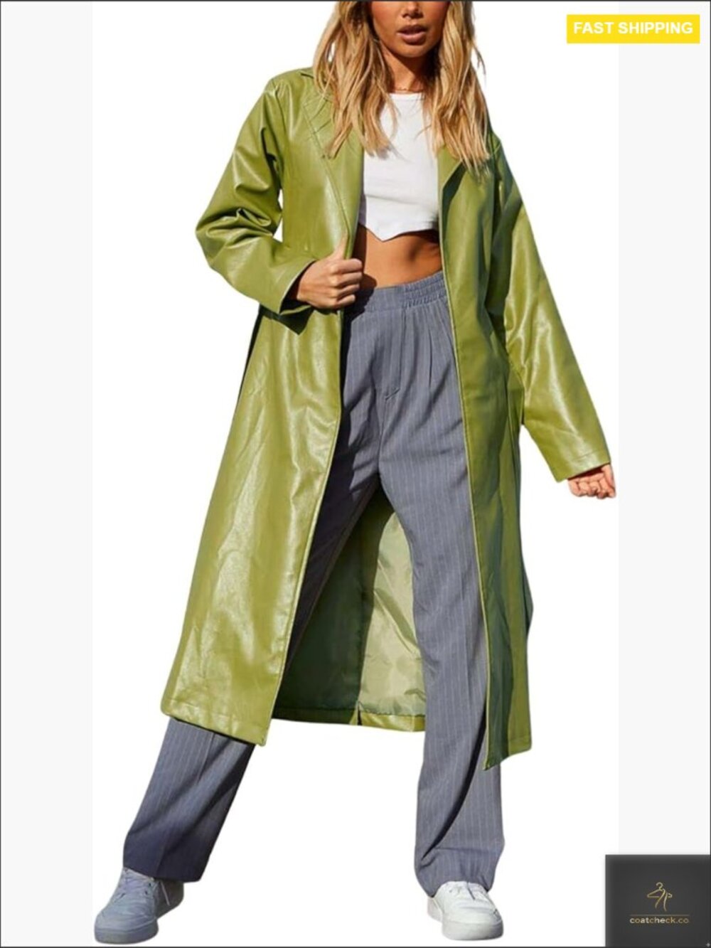 Faux Leather Trench Coat Belted Lapel Open Front Chic Elegant Modern Style